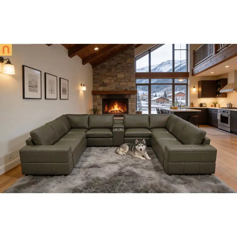 Sectional Modular Leather Match Olive Green 8-Seat 2 Recliners 140in