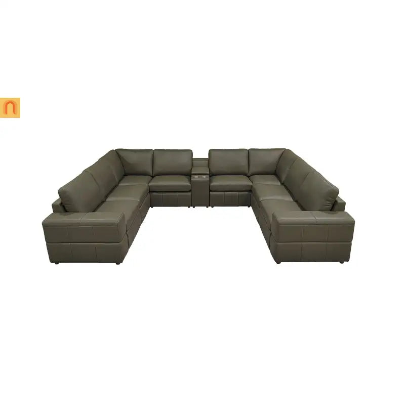 Sectional Modular Leather Match Olive Green 8-Seat 2 Recliners 140in