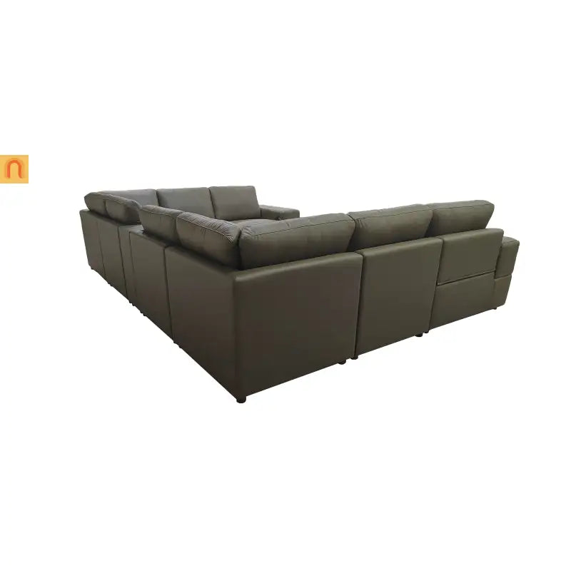 Sectional Modular Leather Match Olive Green 8-Seat 2 Recliners 140in