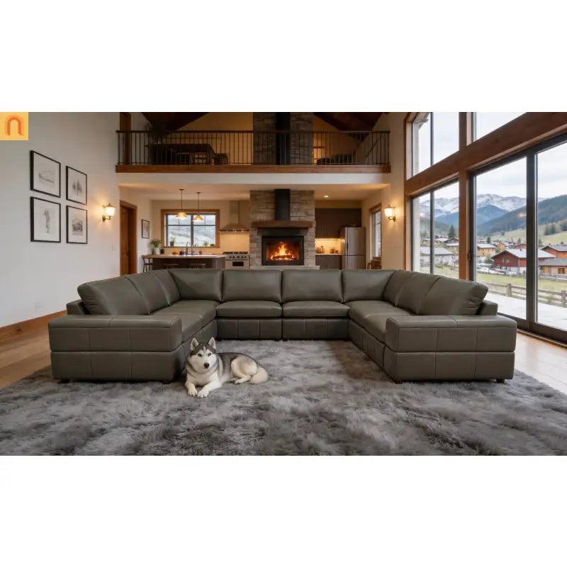 Sectional Sofa Recliner Leather Match Olive Green 8-Seat 128in