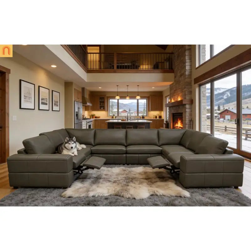 Sectional Sofa Recliner Leather Match Olive Green 8-Seat 128in