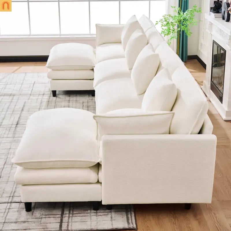Sectional Sofa U-Shaped Chenille Beige 4-Seat 2 Ottomans 141in