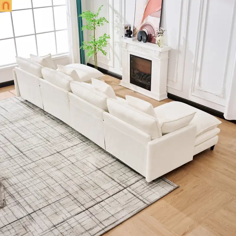 Sectional Sofa U-Shaped Chenille Beige 4-Seat 2 Ottomans 141in