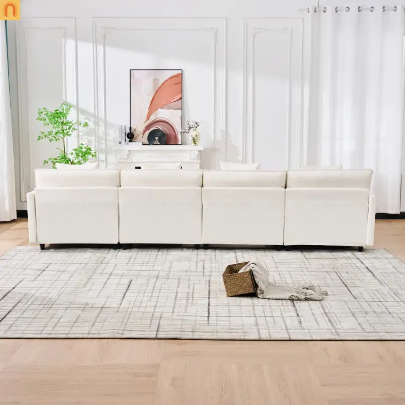 Sectional Sofa U-Shaped Chenille Beige 4-Seat 2 Ottomans 141in