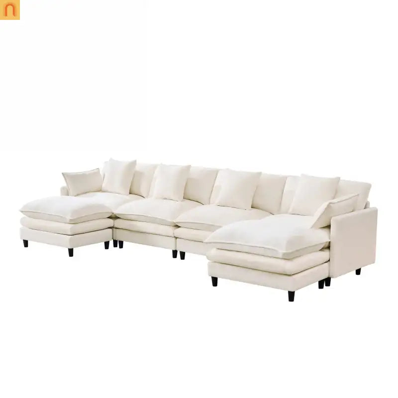 Sectional Sofa U-Shaped Chenille Beige 4-Seat 2 Ottomans 141in