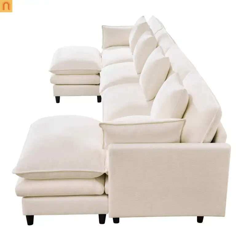 Sectional Sofa U-Shaped Chenille Beige 4-Seat 2 Ottomans 141in