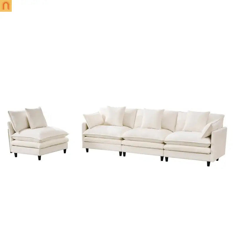 Sectional Sofa U-Shaped Chenille Beige 4-Seat 2 Ottomans 141in