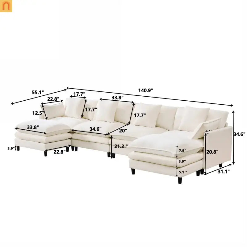 Sectional Sofa U-Shaped Chenille Beige 4-Seat 2 Ottomans 141in