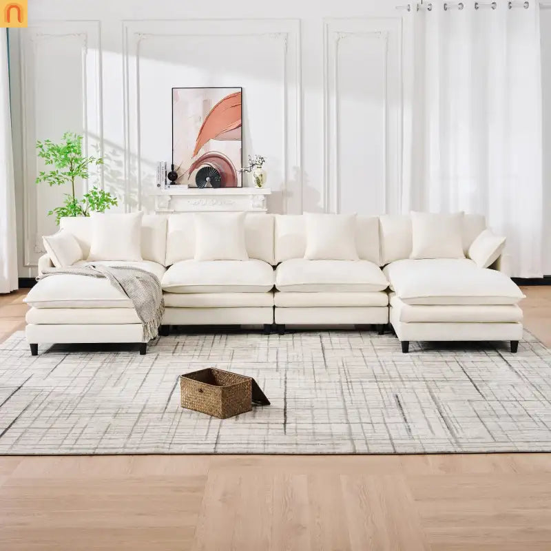 Sectional Sofa U-Shaped Chenille Beige 4-Seat 2 Ottomans 141in