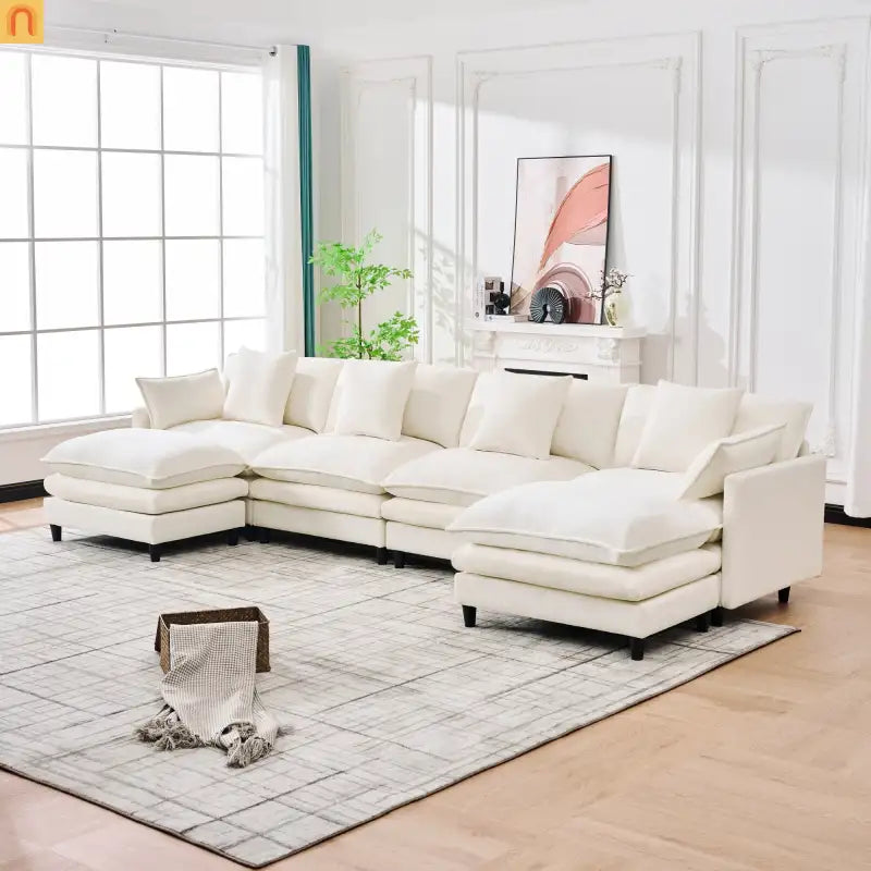 Sectional Sofa U-Shaped Chenille Beige 4-Seat 2 Ottomans 141in