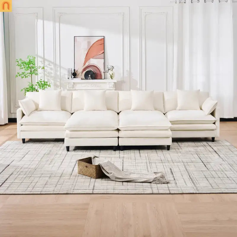 Sectional Sofa U-Shaped Chenille Beige 4-Seat 2 Ottomans 141in
