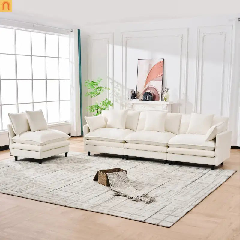 Sectional Sofa U-Shaped Chenille Beige 4-Seat 2 Ottomans 141in