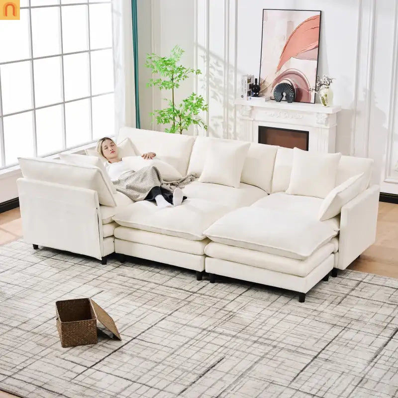 Sectional Sofa U-Shaped Chenille Beige 4-Seat 2 Ottomans 141in