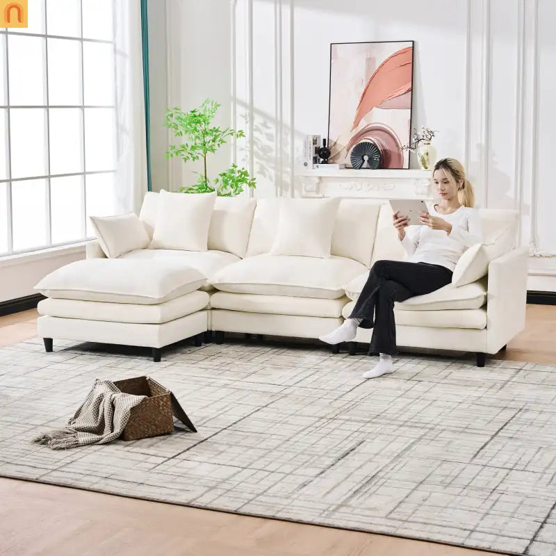 Sectional Sofa U-Shaped Chenille Beige 4-Seat 2 Ottomans 141in