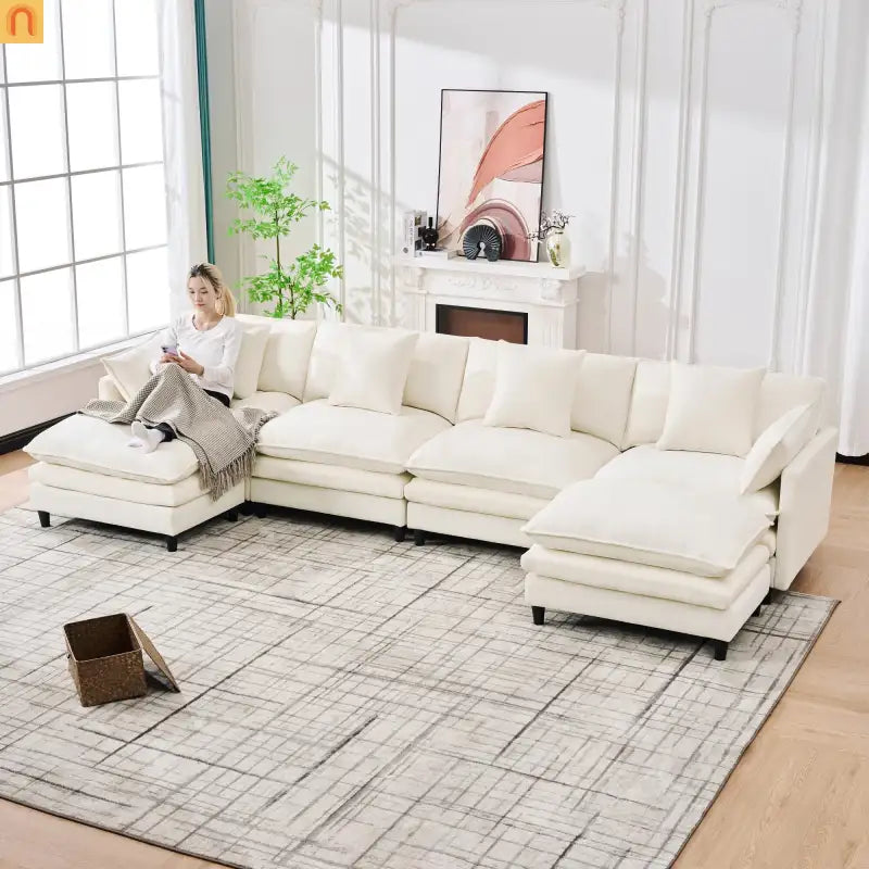 Sectional Sofa U-Shaped Chenille Beige 4-Seat 2 Ottomans 141in