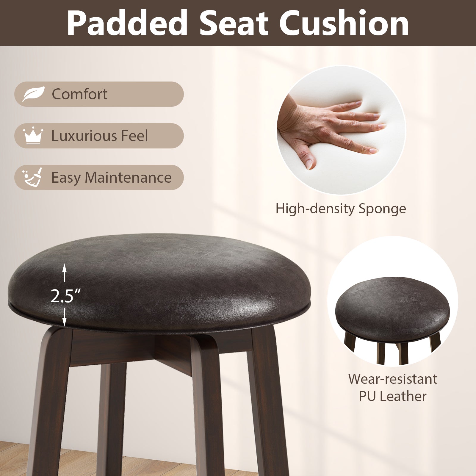 Set of 2 24/29 Inch Upholstered PU Leather Bar Stool with 360° Swivel Round Seat