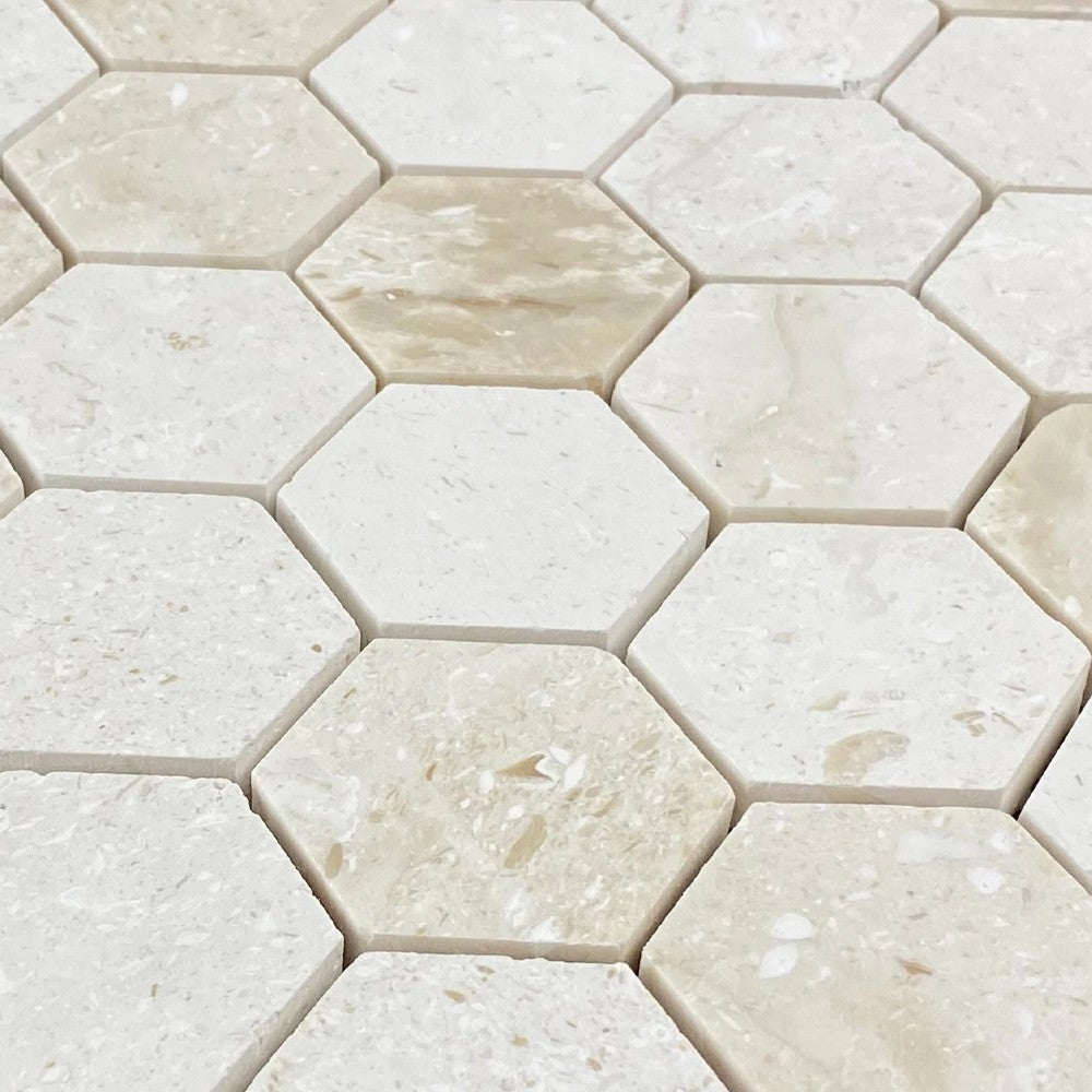 Shell Stone Limestone 2 Inch Hexagon Honed Mosaic Tile 12x12