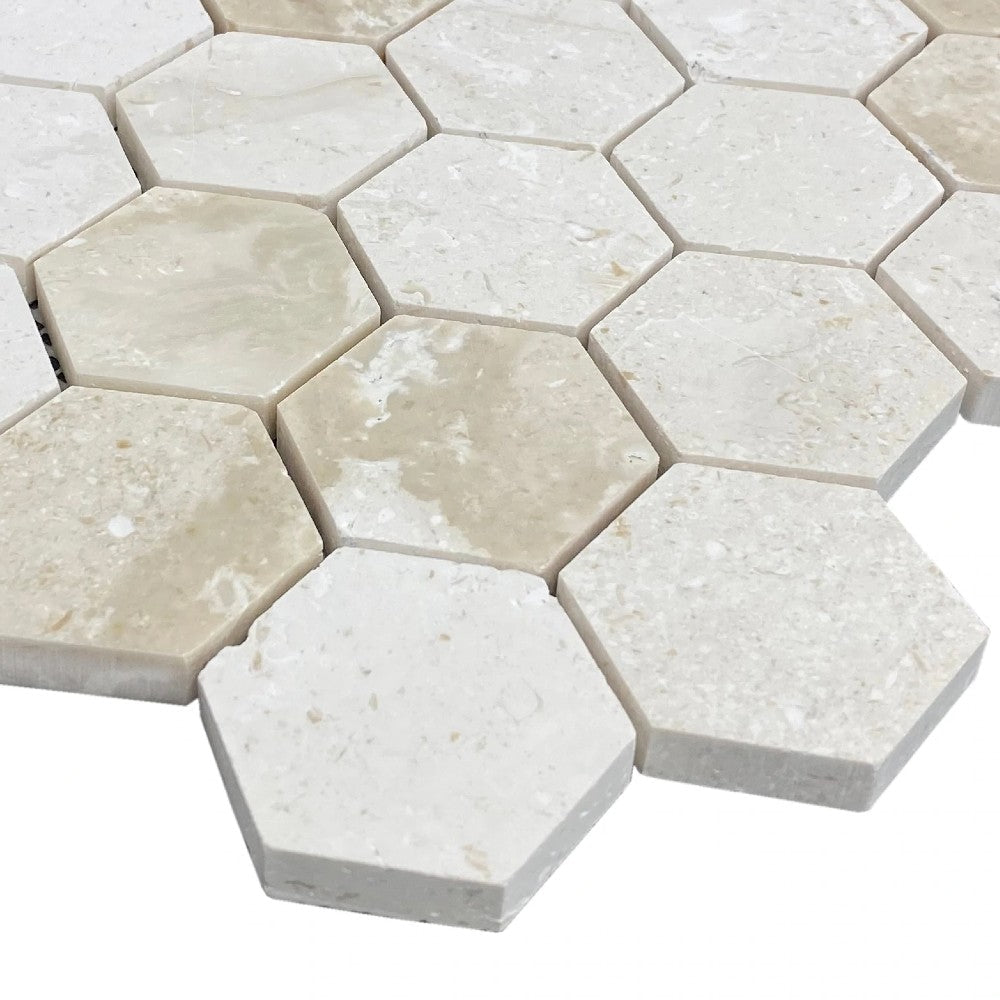 Shell Stone Limestone 2 Inch Hexagon Honed Mosaic Tile 12x12