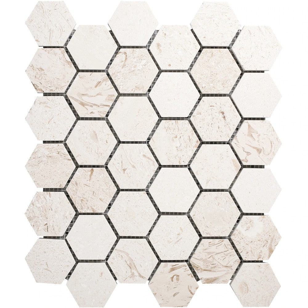Shell Stone Limestone 2 Inch Hexagon Honed Mosaic Tile 12x12