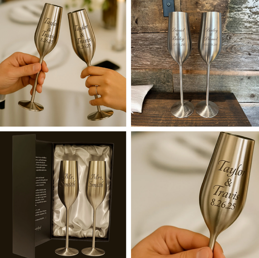 Silver Personalized Champagne Flutes Set of 2, 7.5 Ounces
