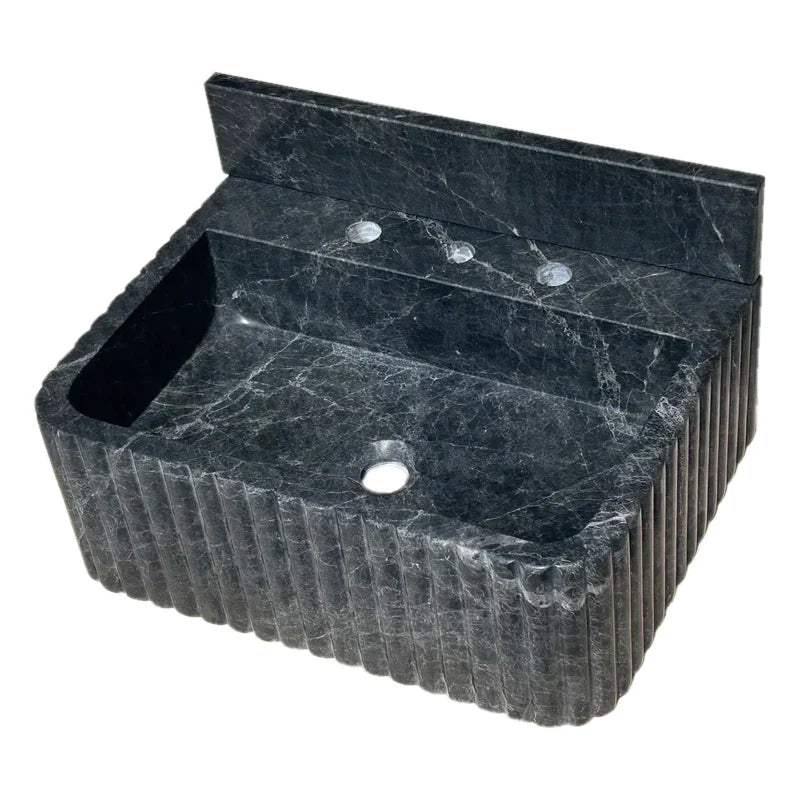 Black Marble Wall Mount Bathroom Sink Ribbed Design With 4 Inch Stone Backsplash