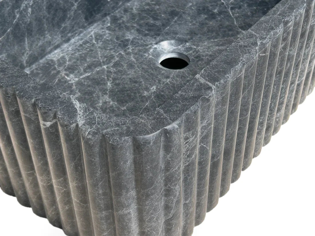 Black Marble Wall Mount Bathroom Sink Ribbed Design With 4 Inch Stone Backsplash