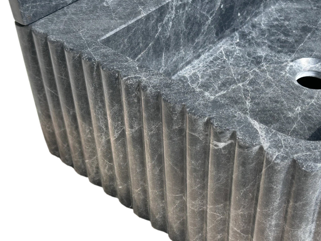Black Marble Wall Mount Bathroom Sink Ribbed Design With 4 Inch Stone Backsplash