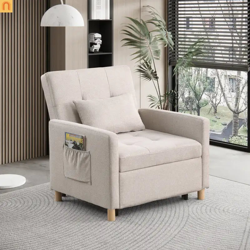 Chair Convertible 3-in-1 Fabric Beige Adjustable Backrest 330 lb