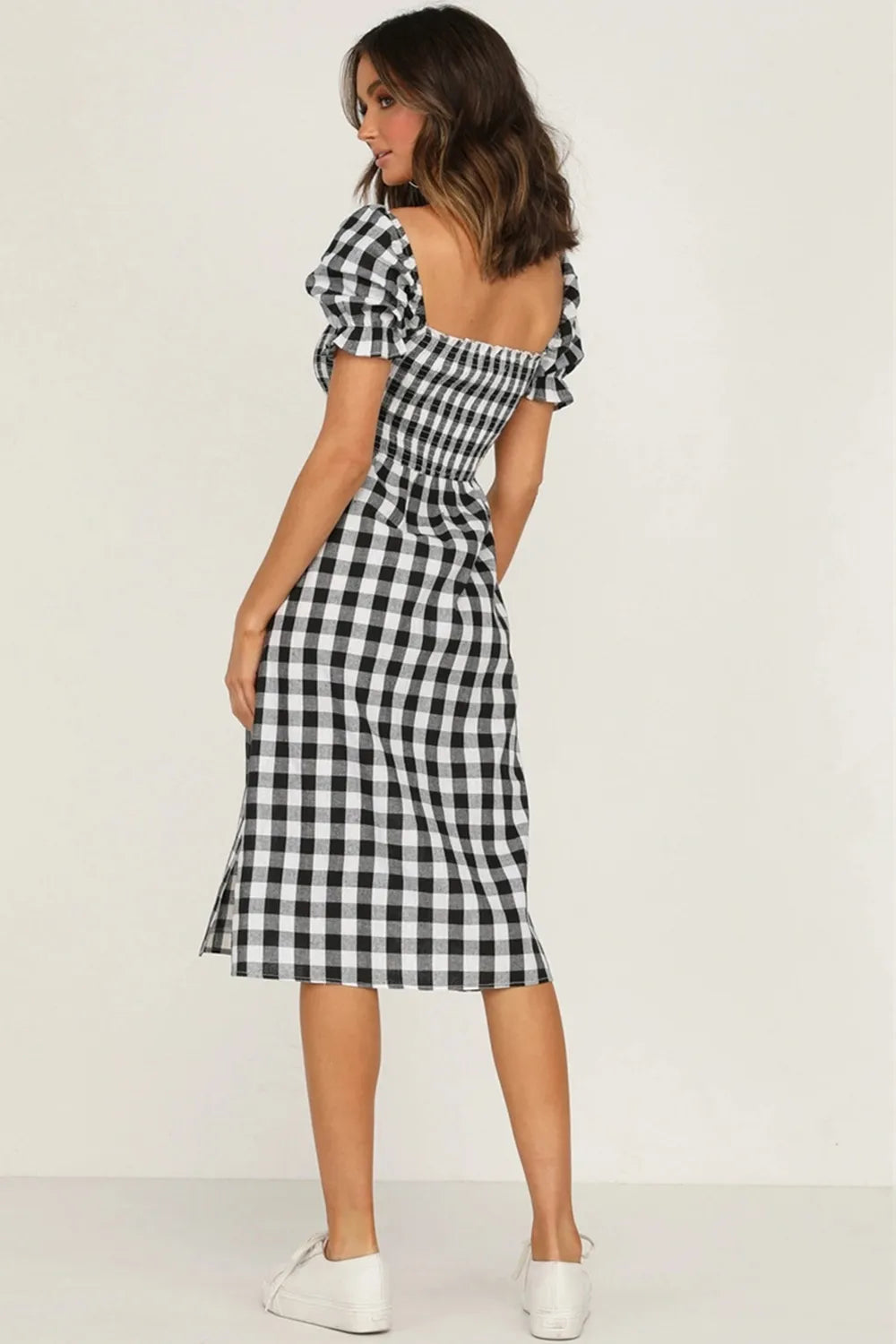 Slit Plaid Short Sleeve Midi Dress