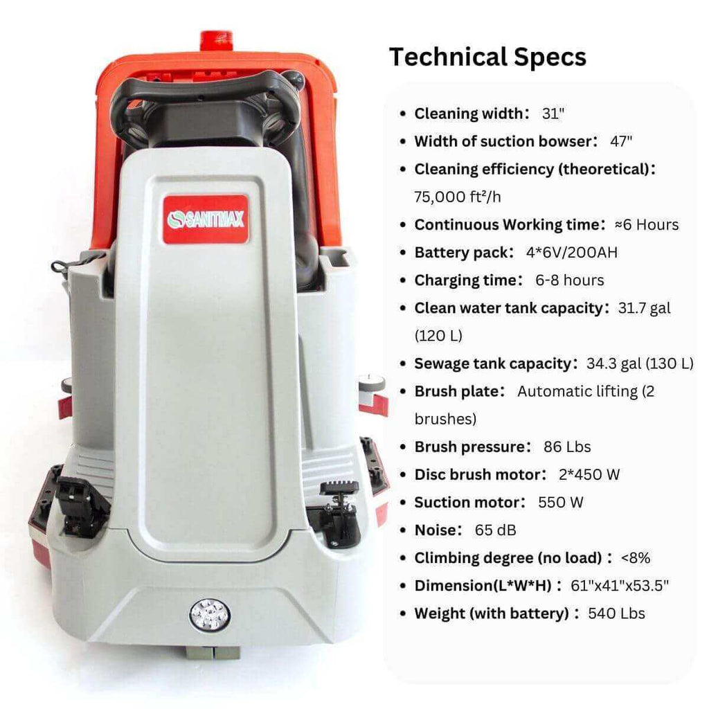 SM860 34" Ride-On Floor Scrubber, Dual Brush, 34.3 / 37 Gal Tanks