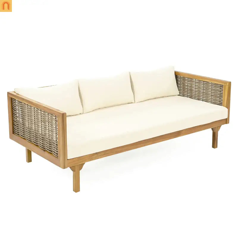Outdoor Daybed Sofa Acacia Wood Rattan Arms Teak 3-Seater 67.5in