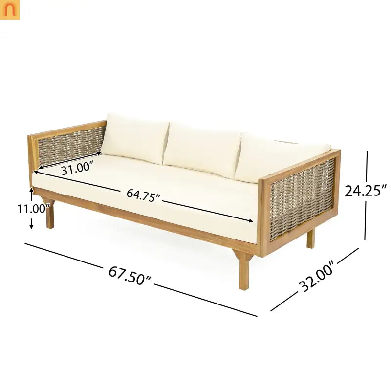 Outdoor Daybed Sofa Acacia Wood Rattan Arms Teak 3-Seater 67.5in