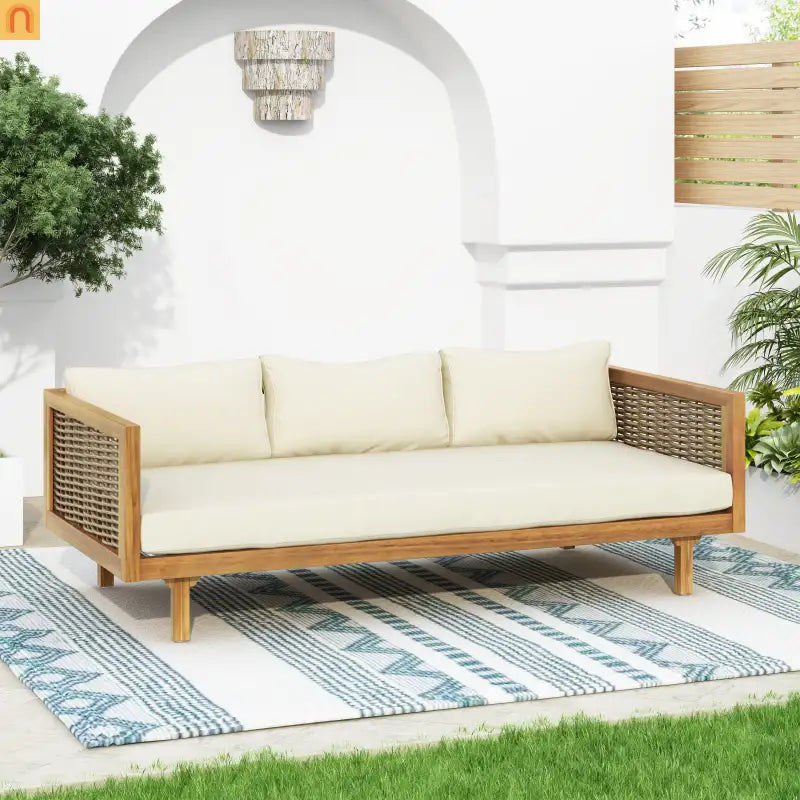 Outdoor Daybed Sofa Acacia Wood Rattan Arms Teak 3-Seater 67.5in