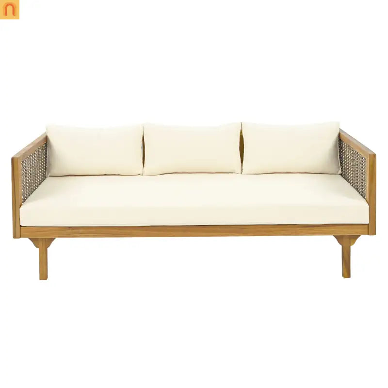 Outdoor Daybed Sofa Acacia Wood Rattan Arms Teak 3-Seater 67.5in