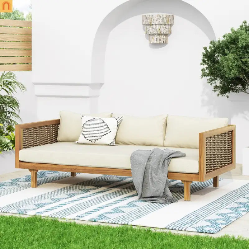 Outdoor Daybed Sofa Acacia Wood Rattan Arms Teak 3-Seater 67.5in