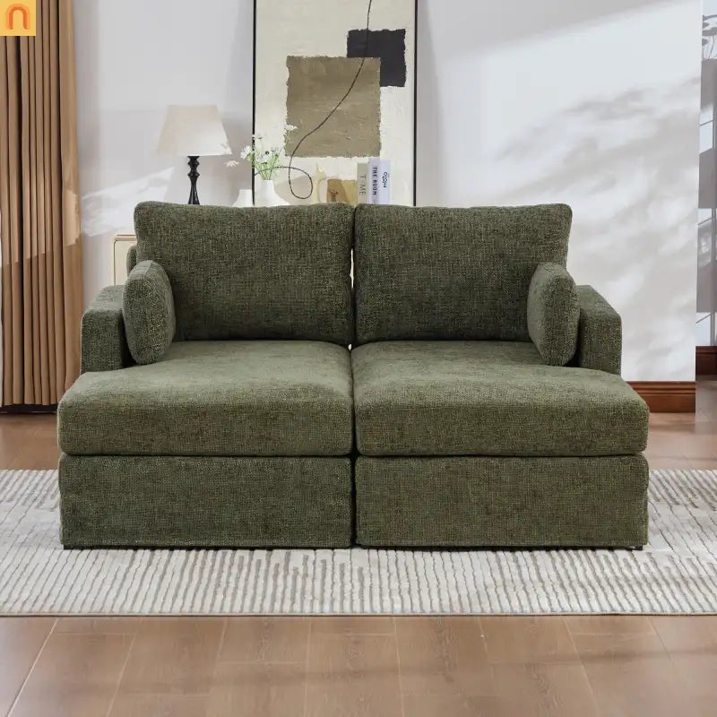 Sofa Bed Chenille Green Modular Pocket Spring 55in 4 Pillows