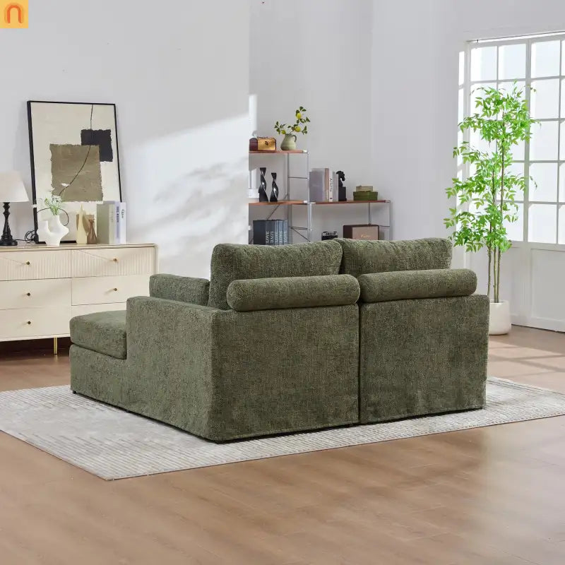 Sofa Bed Chenille Green Modular Pocket Spring 55in 4 Pillows