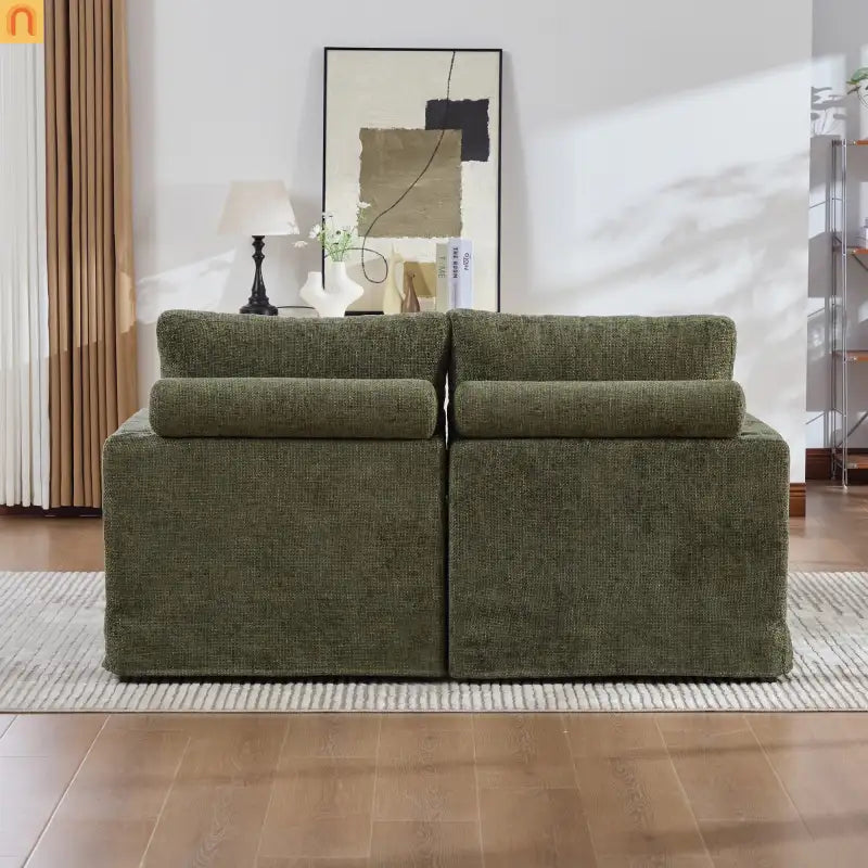 Sofa Bed Chenille Green Modular Pocket Spring 55in 4 Pillows