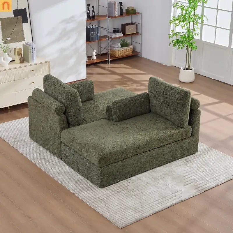 Sofa Bed Chenille Green Modular Pocket Spring 55in 4 Pillows