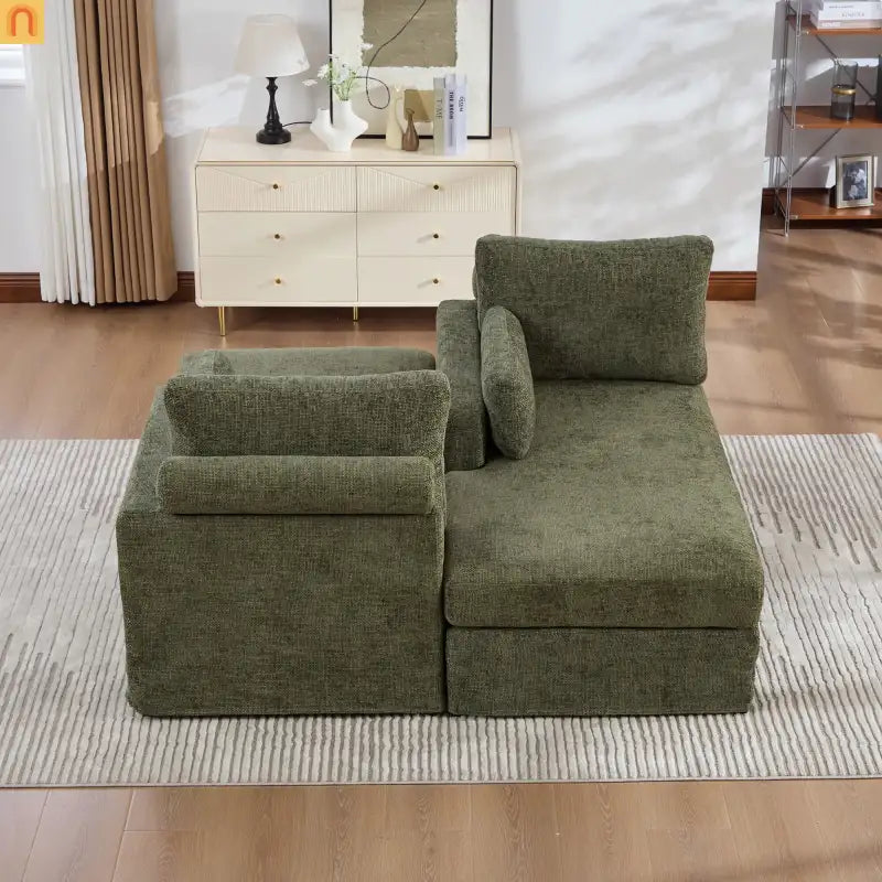 Sofa Bed Chenille Green Modular Pocket Spring 55in 4 Pillows