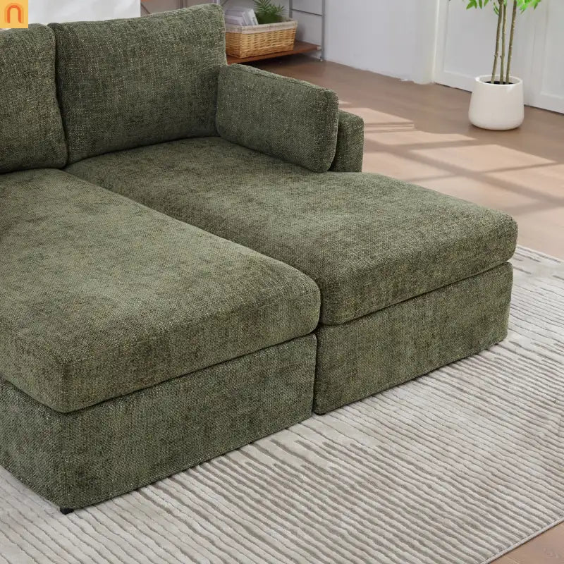 Sofa Bed Chenille Green Modular Pocket Spring 55in 4 Pillows