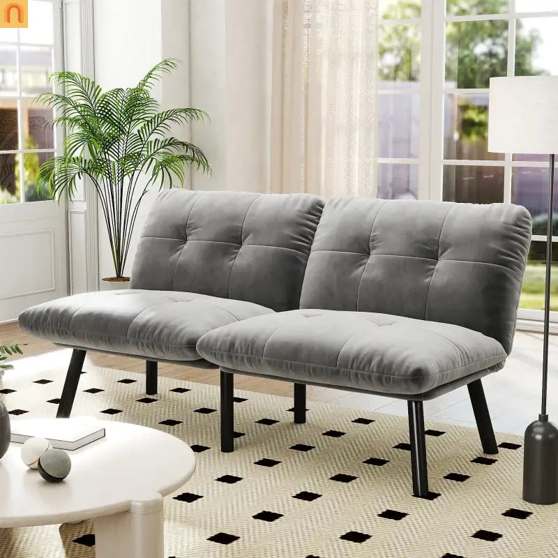 Convertible Velvet Sofa Bed Twin 62in Gray Adjustable