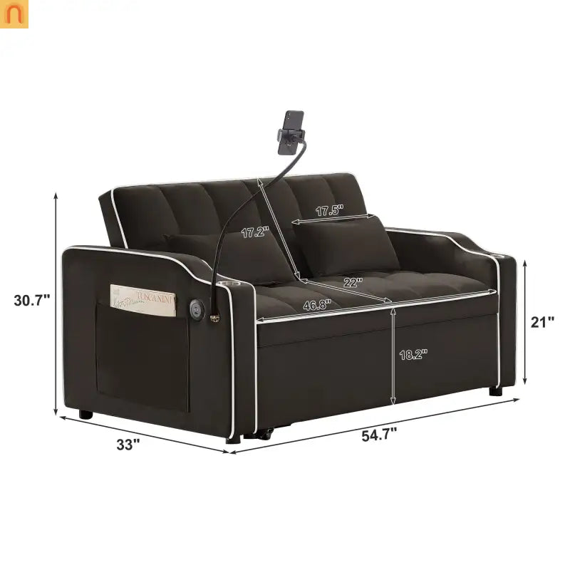 Velvet Brown Sofa Bed 64" Pull-Out USB Cup Holders