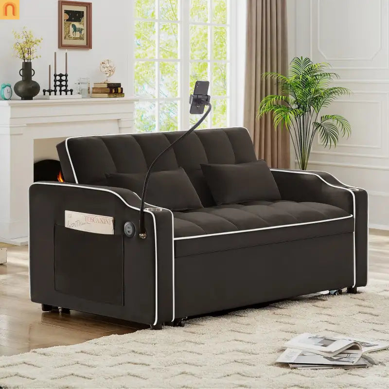 Velvet Brown Sofa Bed 64" Pull-Out USB Cup Holders