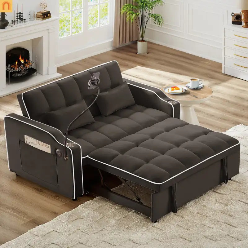 Velvet Brown Sofa Bed 64" Pull-Out USB Cup Holders