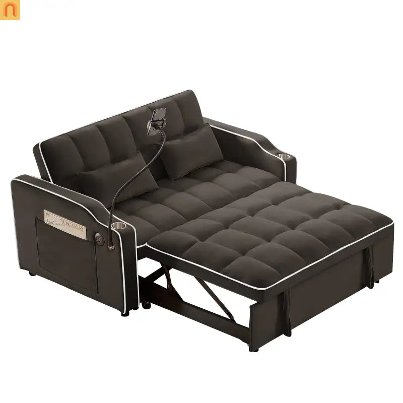 Velvet Brown Sofa Bed 64" Pull-Out USB Cup Holders