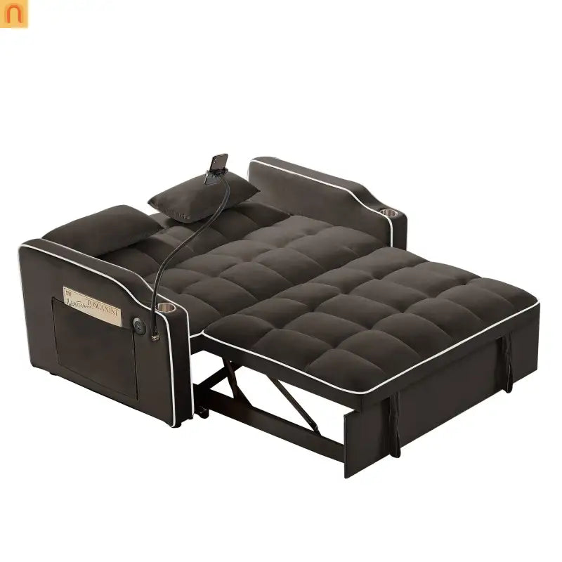 Velvet Brown Sofa Bed 64" Pull-Out USB Cup Holders