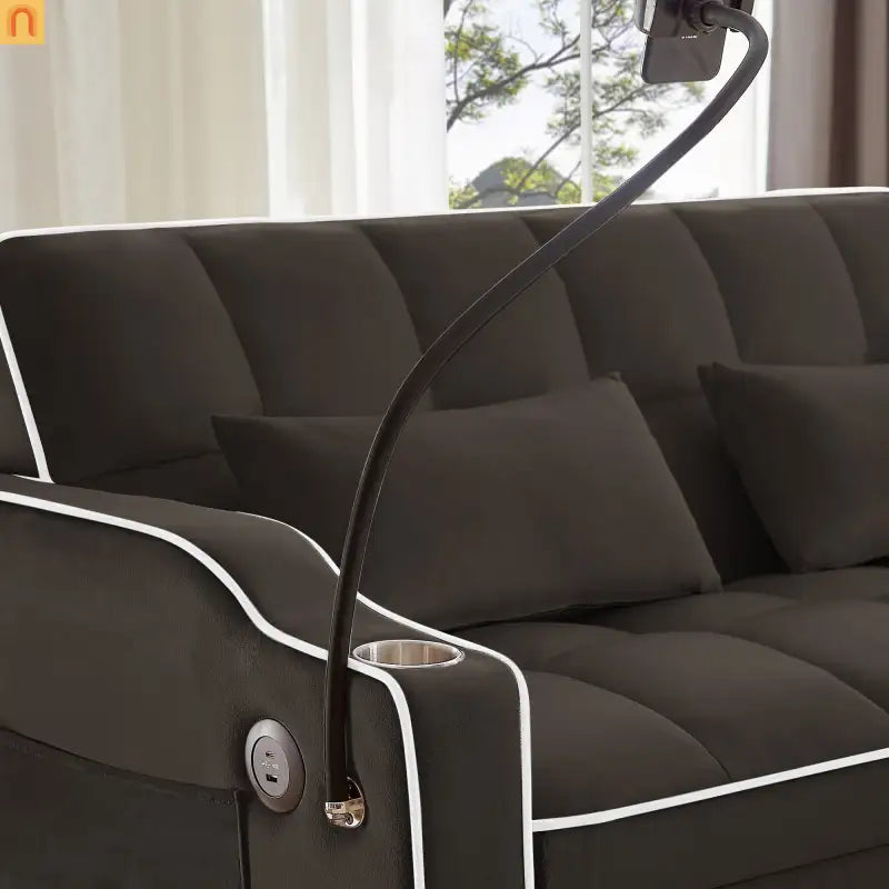 Velvet Brown Sofa Bed 64" Pull-Out USB Cup Holders