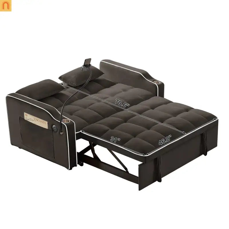 Velvet Brown Sofa Bed 64" Pull-Out USB Cup Holders