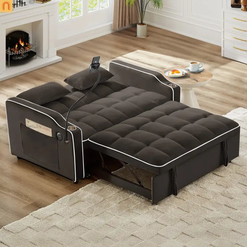 Velvet Brown Sofa Bed 64" Pull-Out USB Cup Holders